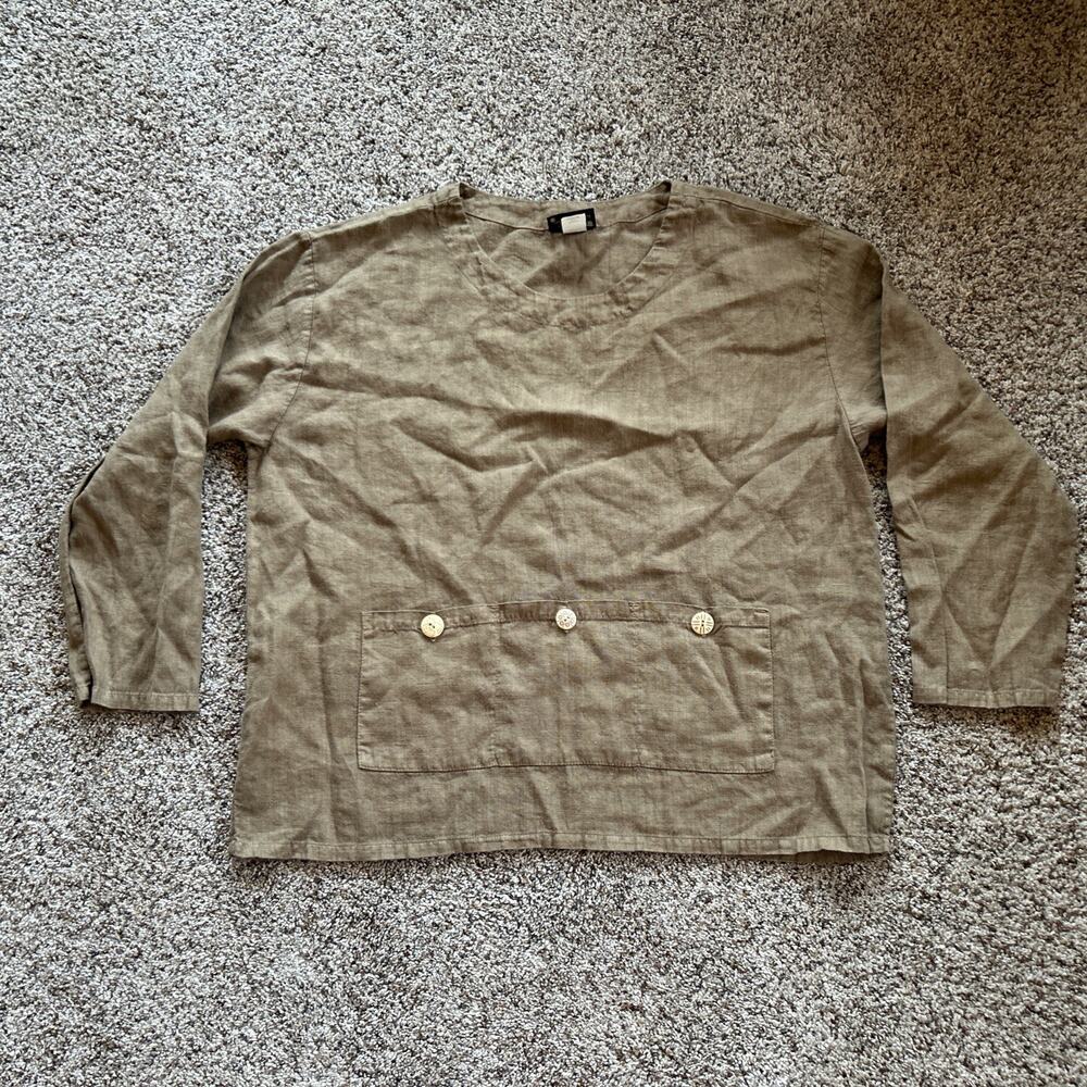 Liz & Jane size L Top 100% Linen Lagenlook Button Pockets Boho Artsy Brown F25